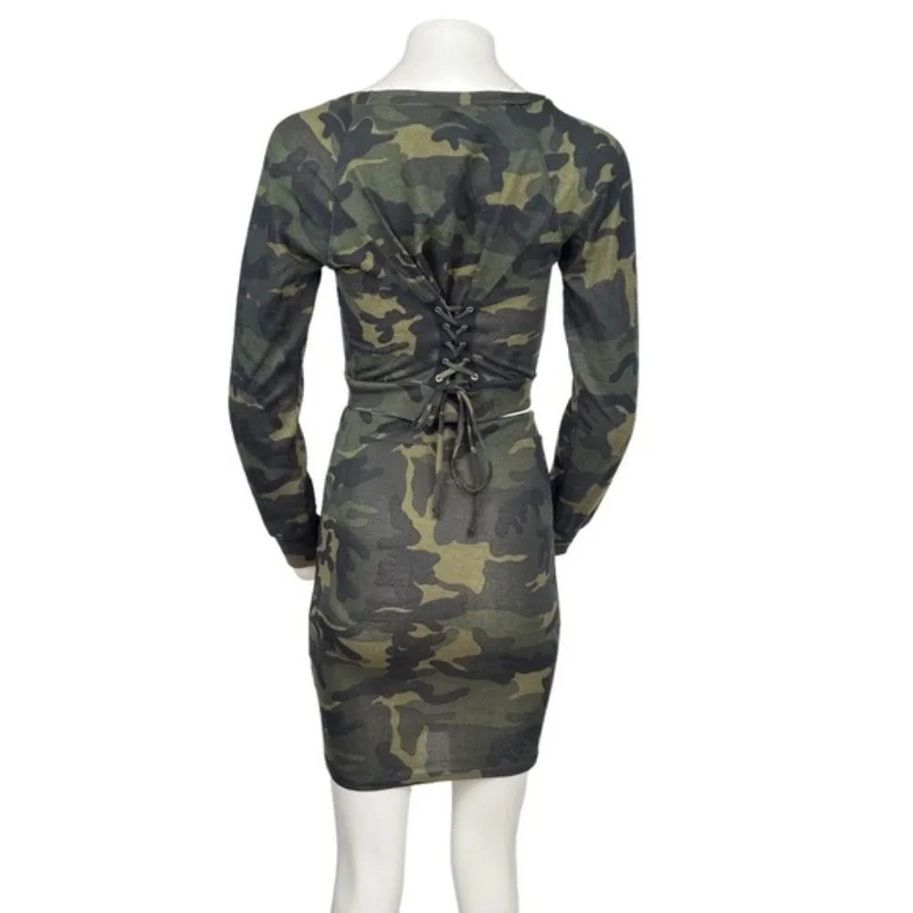 Camo Crop Top and Mini Skirt Set Olive Green - Picture 2 of 3